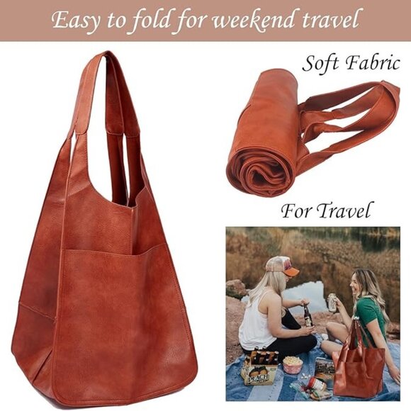 Large Leather Boho Tote Bag - Cognac - Picture 3 of 7